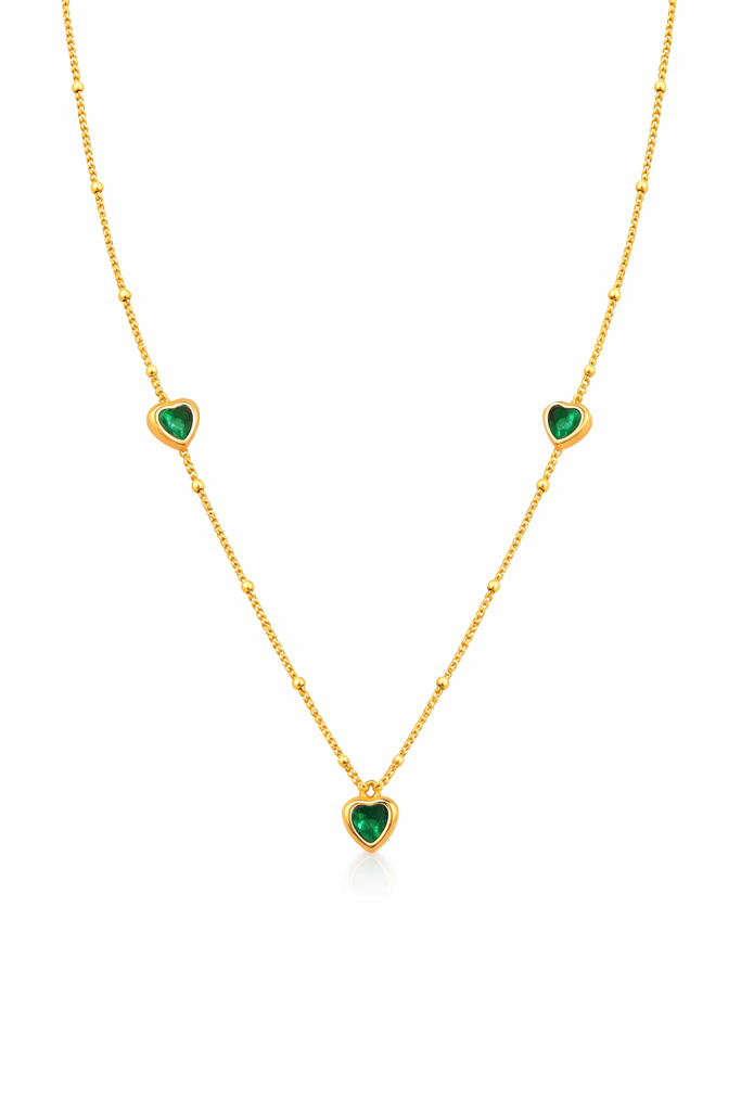 18K Gold Plated Green Heart Station Necklace For Women : SSNC71