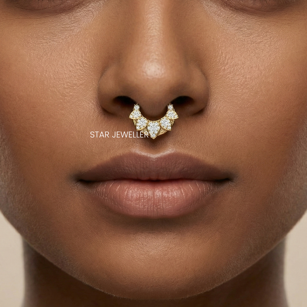 Septum Nose Ring In 925 Sterling Silver In Pear Shape Moissanite Diamond Daith Clicker : STE182