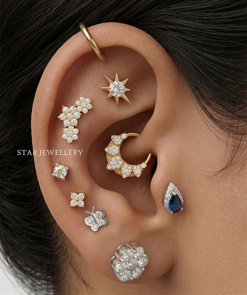 Septum Nose Ring In 925 Sterling Silver In Pear Shape Moissanite Diamond Daith Clicker : STE182
