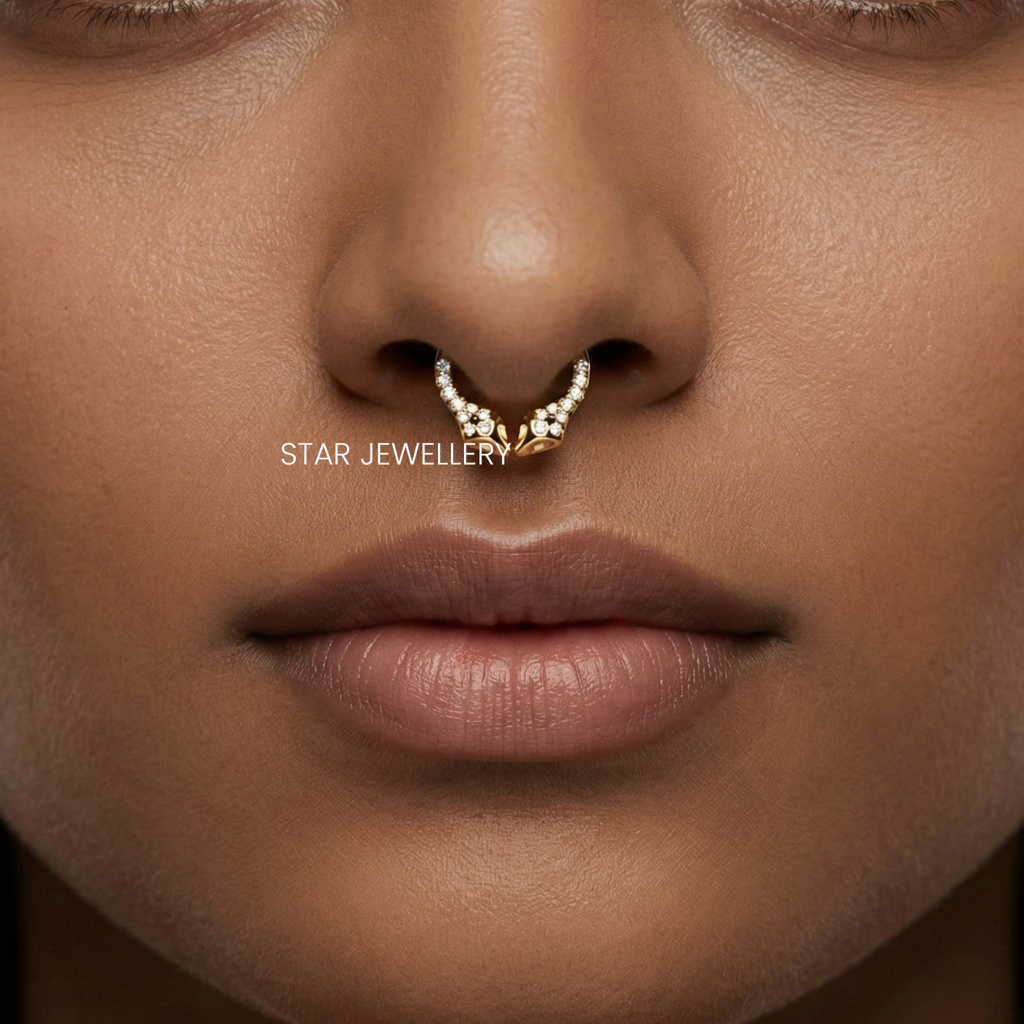 Septum Nose Ring In 925 Sterling Silver In Moissanite Diamond Dual Snake  Piercing : STE224