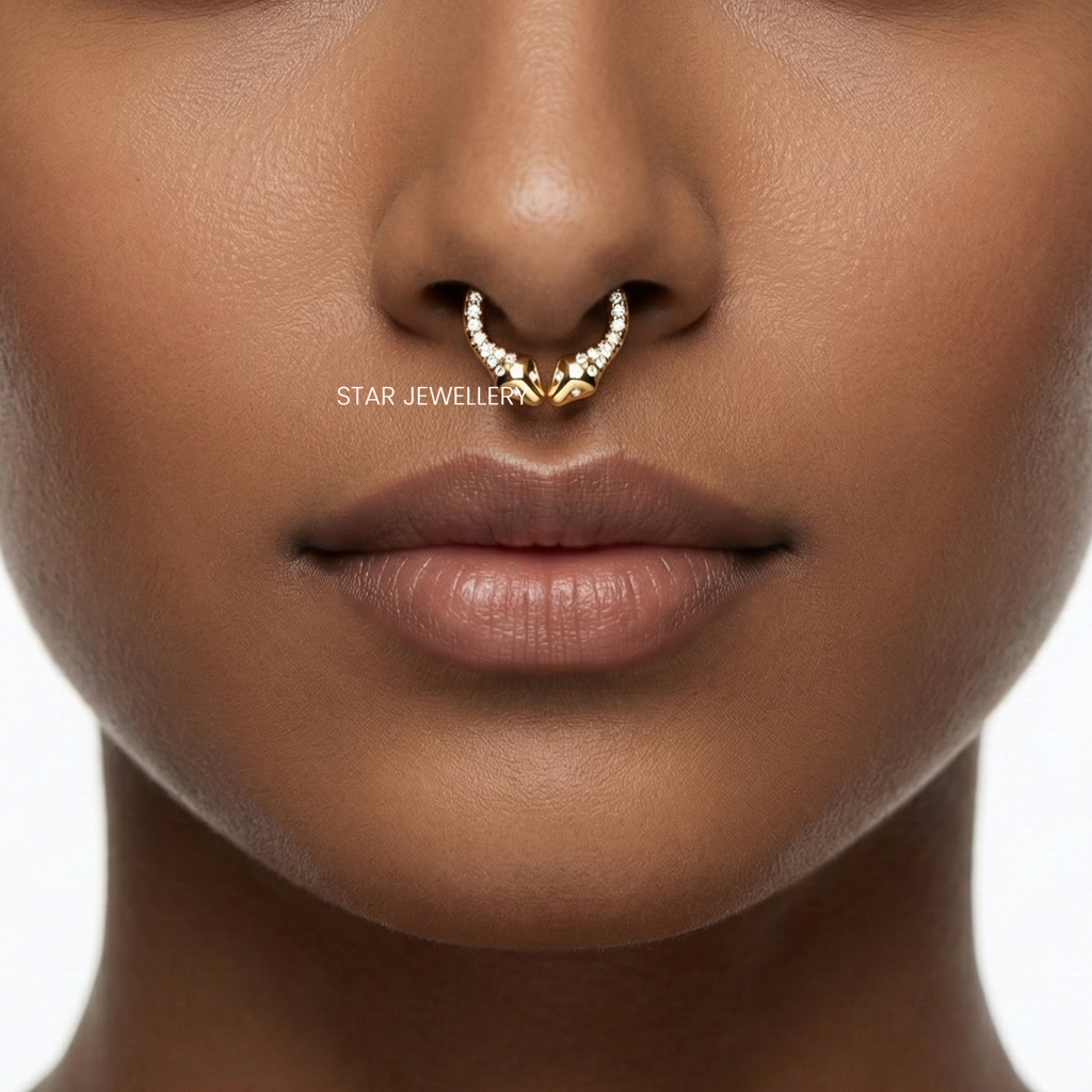 Septum Nose Ring In 925 Sterling Silver In Moissanite Diamond Dual Snake  Piercing : STE224