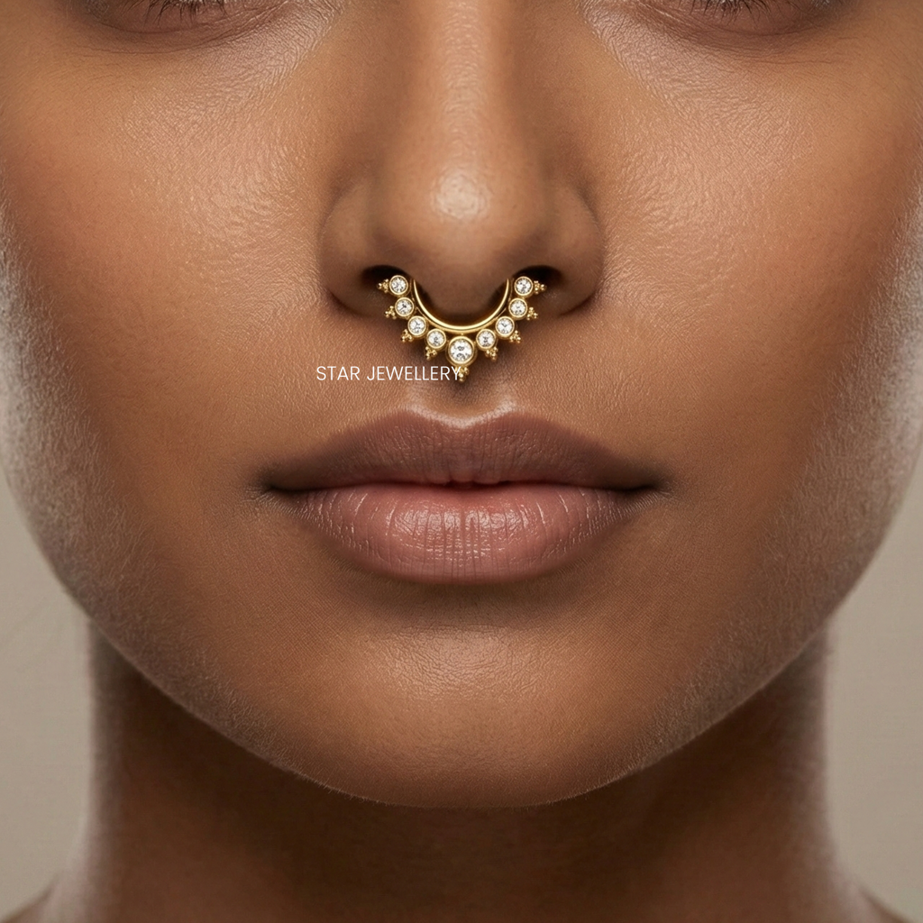 925 Sterling Silver Bezel Set Moissanite Diamond Fake Daith Clicker Septum Nose Ring : STE253