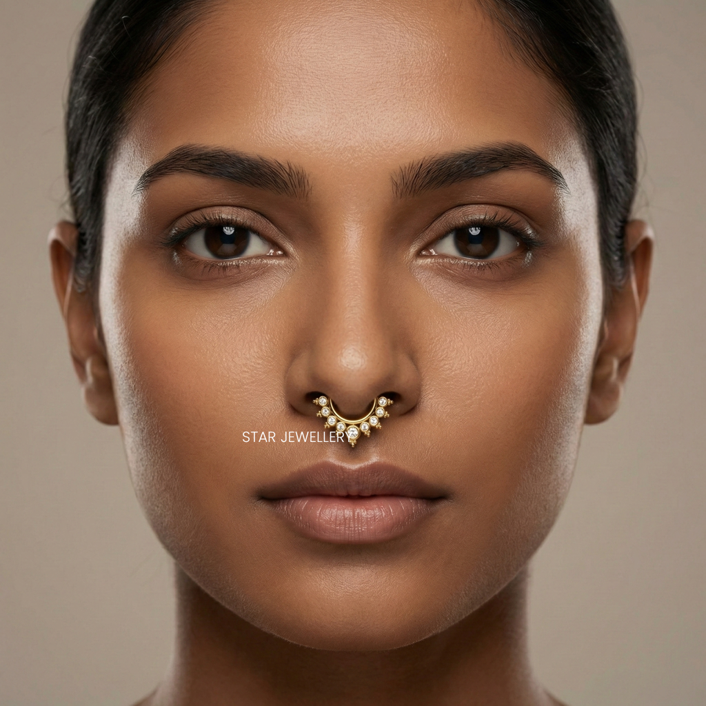 925 Sterling Silver Bezel Set Moissanite Diamond Fake Daith Clicker Septum Nose Ring : STE253