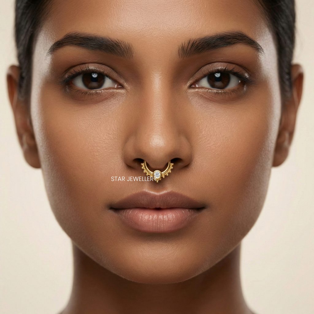Ornate Beaded Mandala Septum Nose Ring In 925 Sterling Silver With Moissanite : STE258