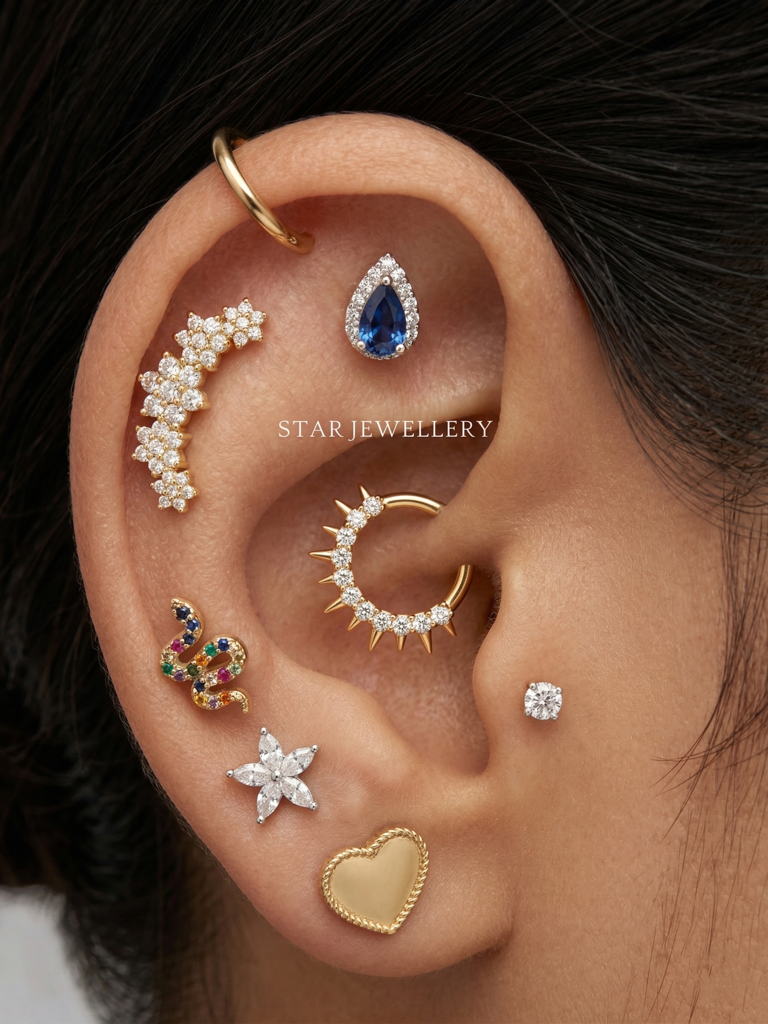 Spiked Moissanite Diamond Septum Nose Ring & Daith Piercing In 925 Sterling Silver : STE259