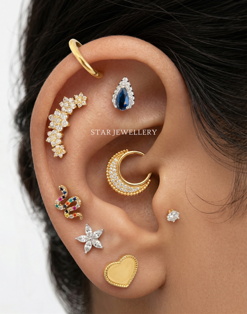 925 Sterling Silver Moissanite Diamond Rope Textured Pave Crescent Septum Nose Ring & Daith Piercing : STE260