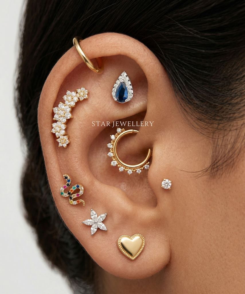 925 Sterling Silver Moissanite Diamond Beaded Fan Septum Nose Ring & Daith Piercing Hoop : STE261