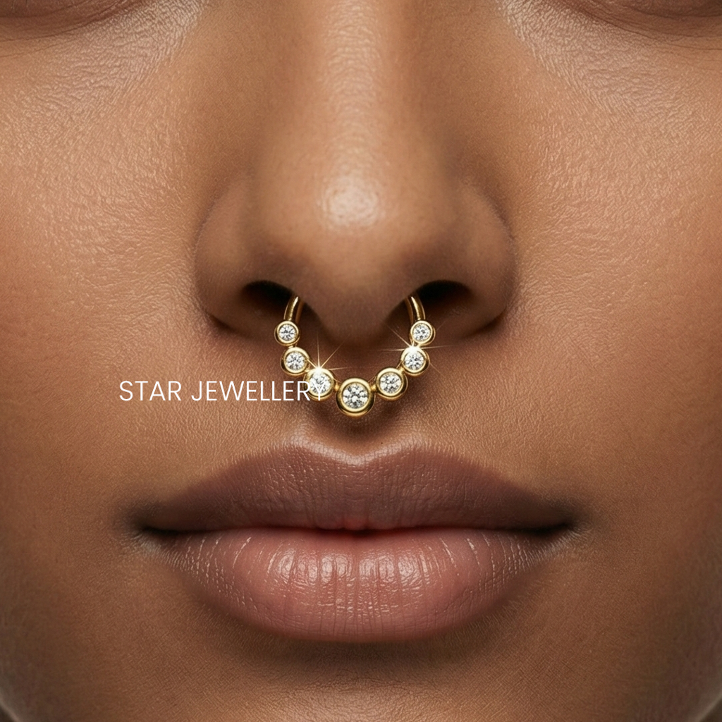 Septum Nose Ring In 925 Sterling Silver Bezel Set Moissanitediamond Daith Clicker : STE55
