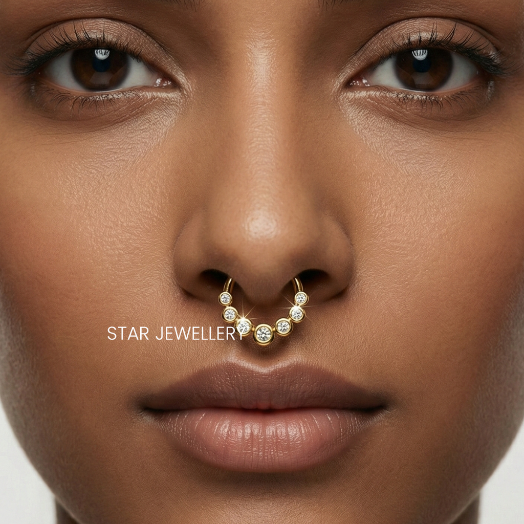 Septum Nose Ring In 925 Sterling Silver Bezel Set Moissanitediamond Daith Clicker : STE55