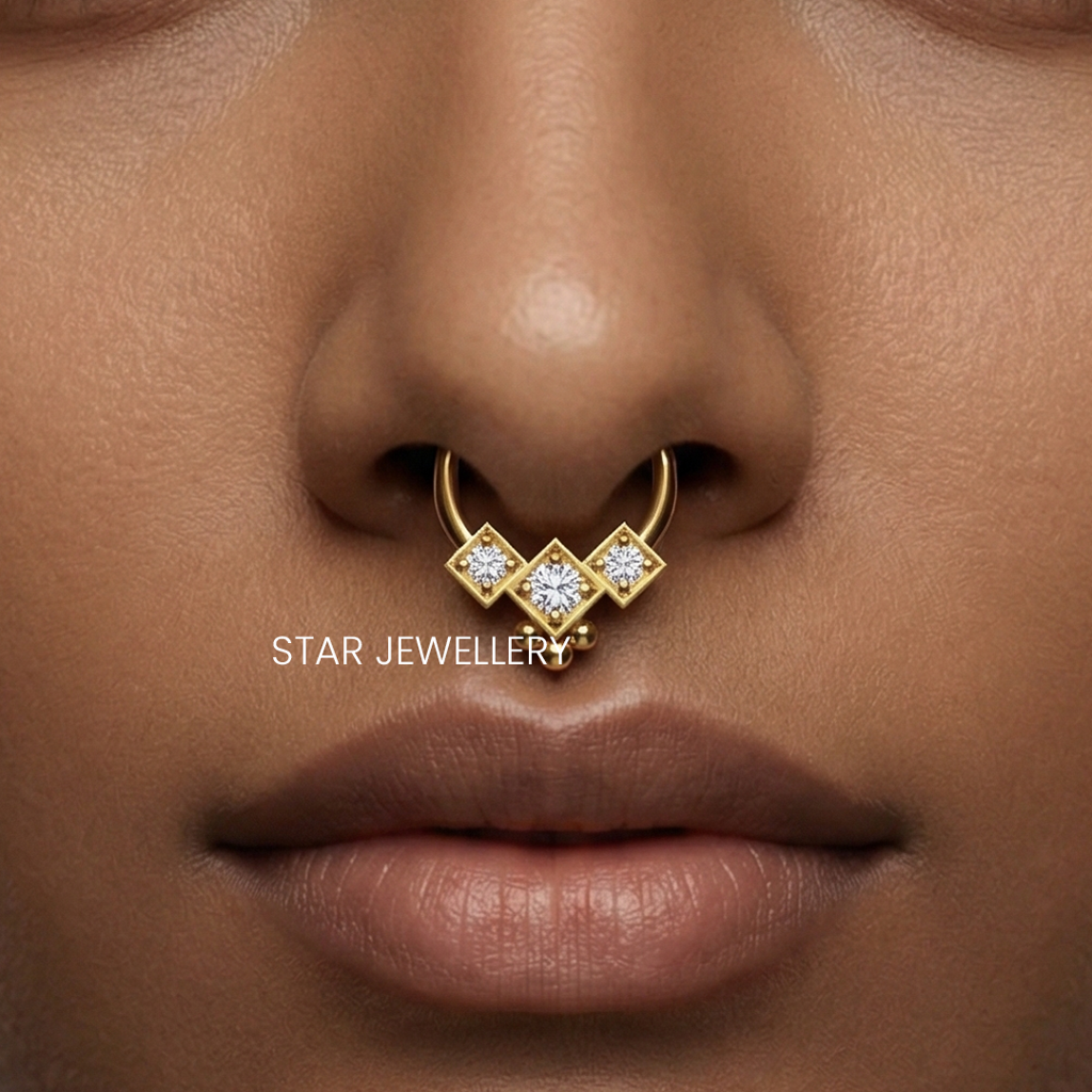 Septum Nose Ring In 925 Sterling Silver Genuine Diamond Trio Stone Septum Clicker : STE61