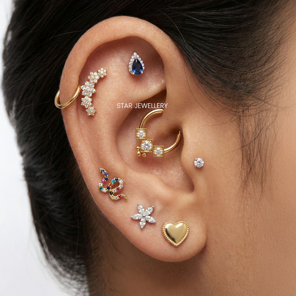 Septum Nose Ring In 925 Sterling Silver Genuine Diamond Trio Stone Septum Clicker : STE61