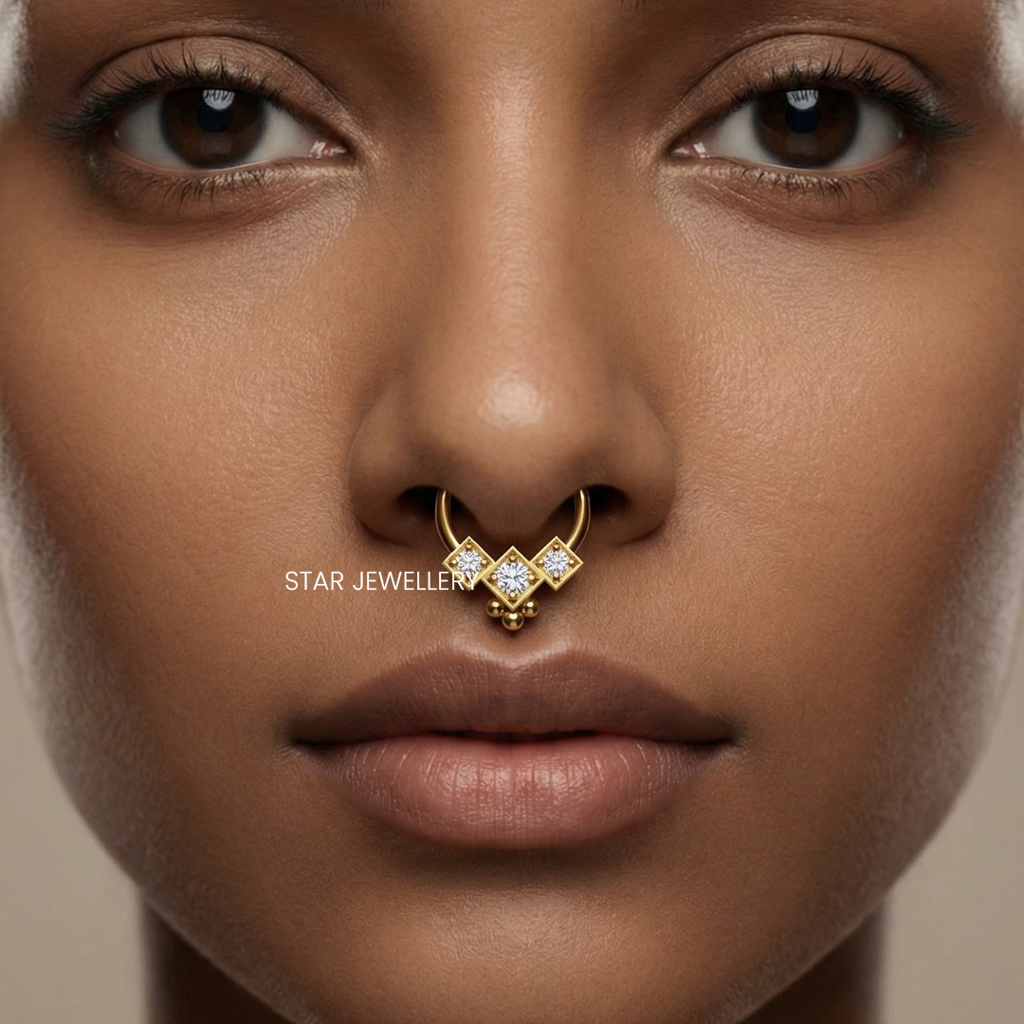 Septum Nose Ring In 925 Sterling Silver Genuine Diamond Trio Stone Septum Clicker : STE61
