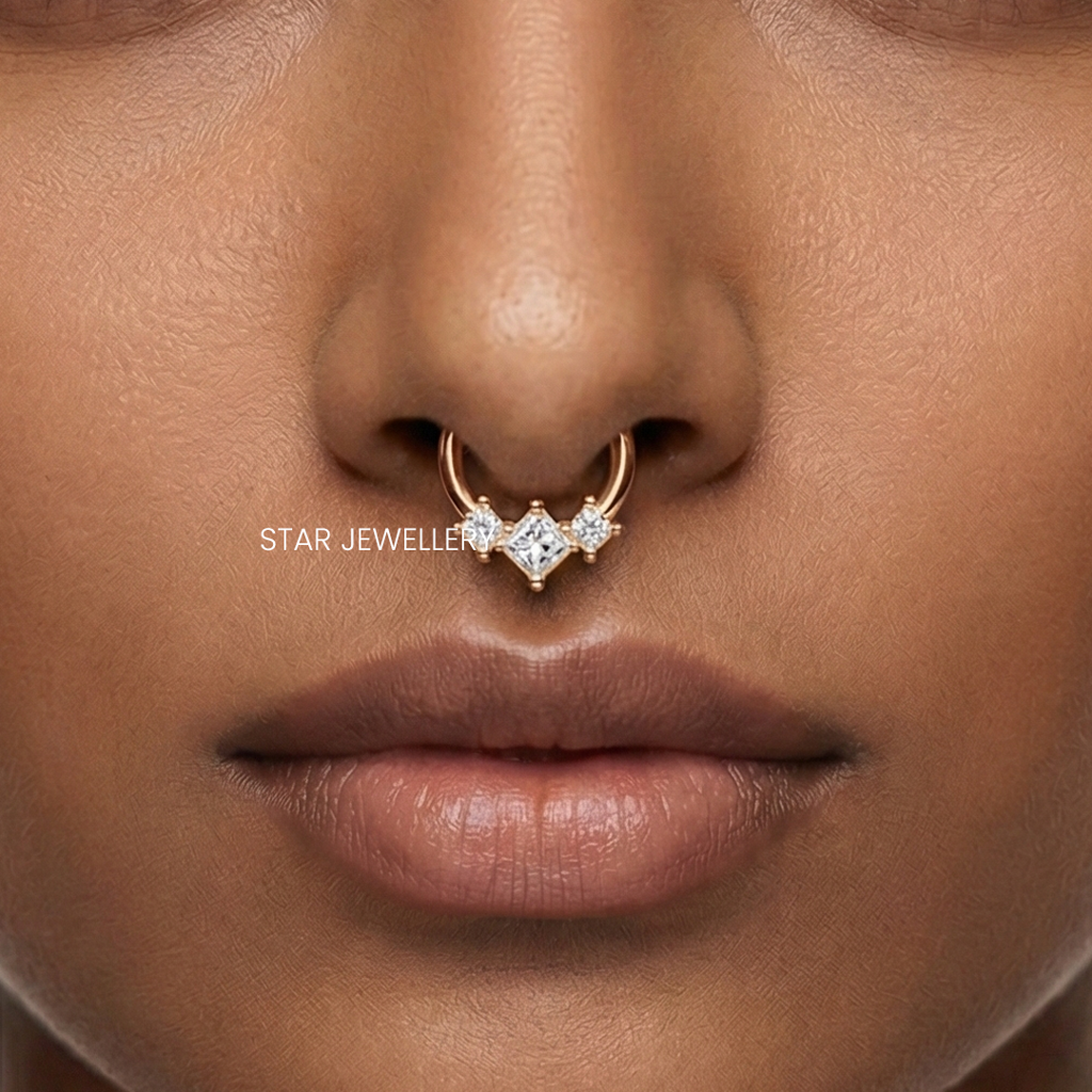 925 Sterling Silver With  Genuine Princess Cut  Moissanite Diamond Trio Stone Septum Clicker Nose Ring : STE64