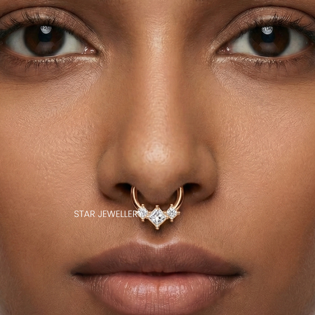 925 Sterling Silver With  Genuine Princess Cut  Moissanite Diamond Trio Stone Septum Clicker Nose Ring : STE64