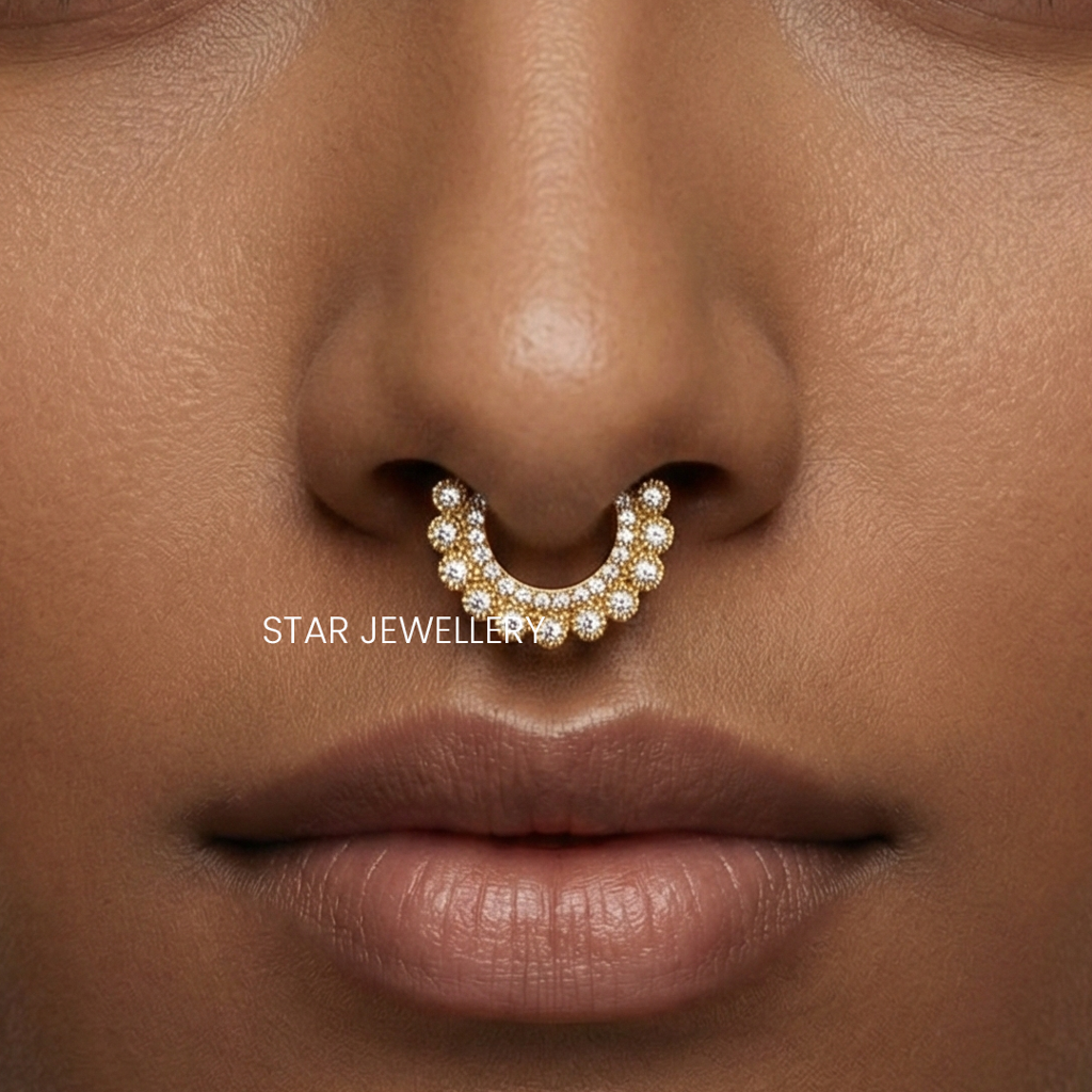 925 Sterling Silver Yellow Gold Plated  Set Moissanite Diamond Miligrain Septum Nose Ring : STE162