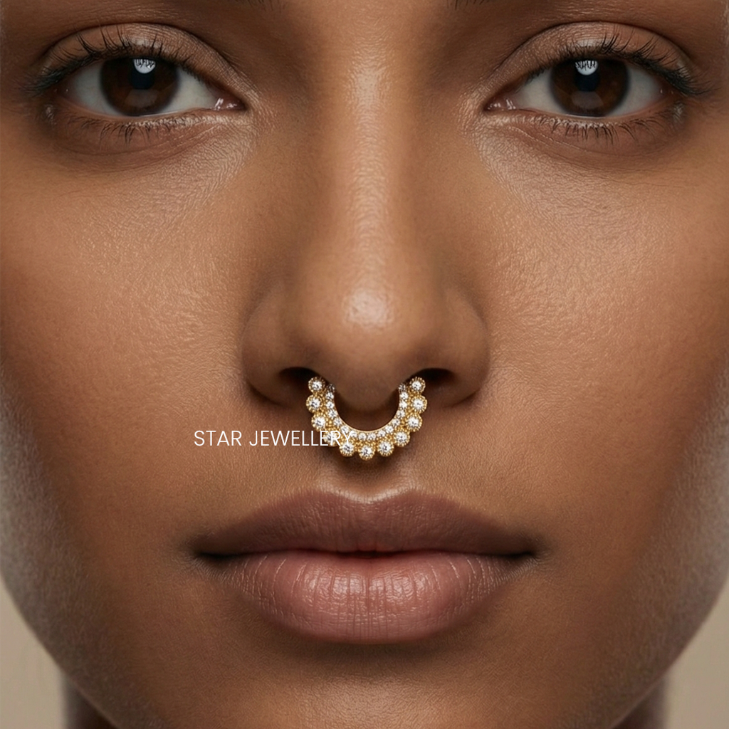 925 Sterling Silver Yellow Gold Plated  Set Moissanite Diamond Miligrain Septum Nose Ring : STE162
