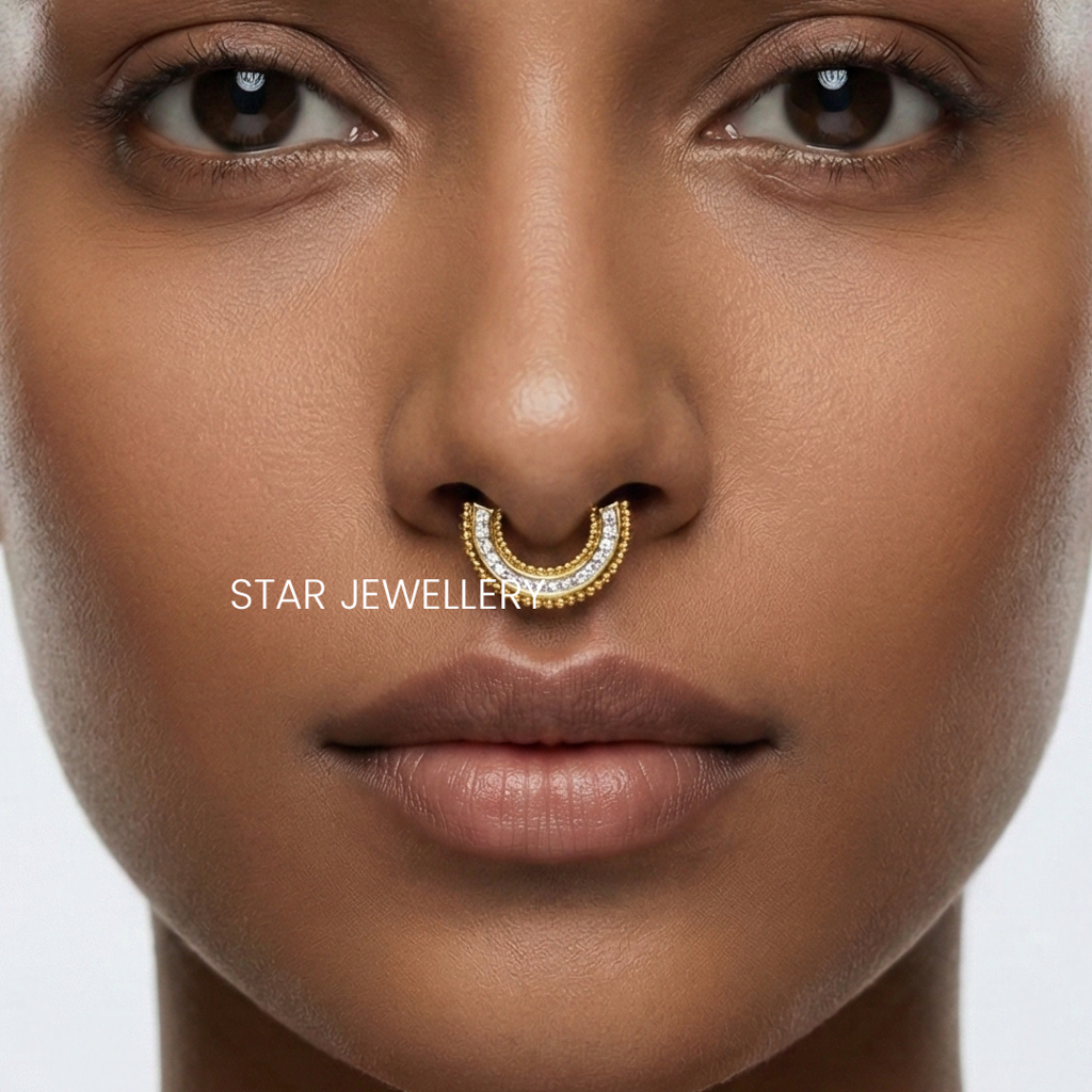 925 Sterling Silver Channel Set Moissanite Diamond Septum Nose Ring : STE167