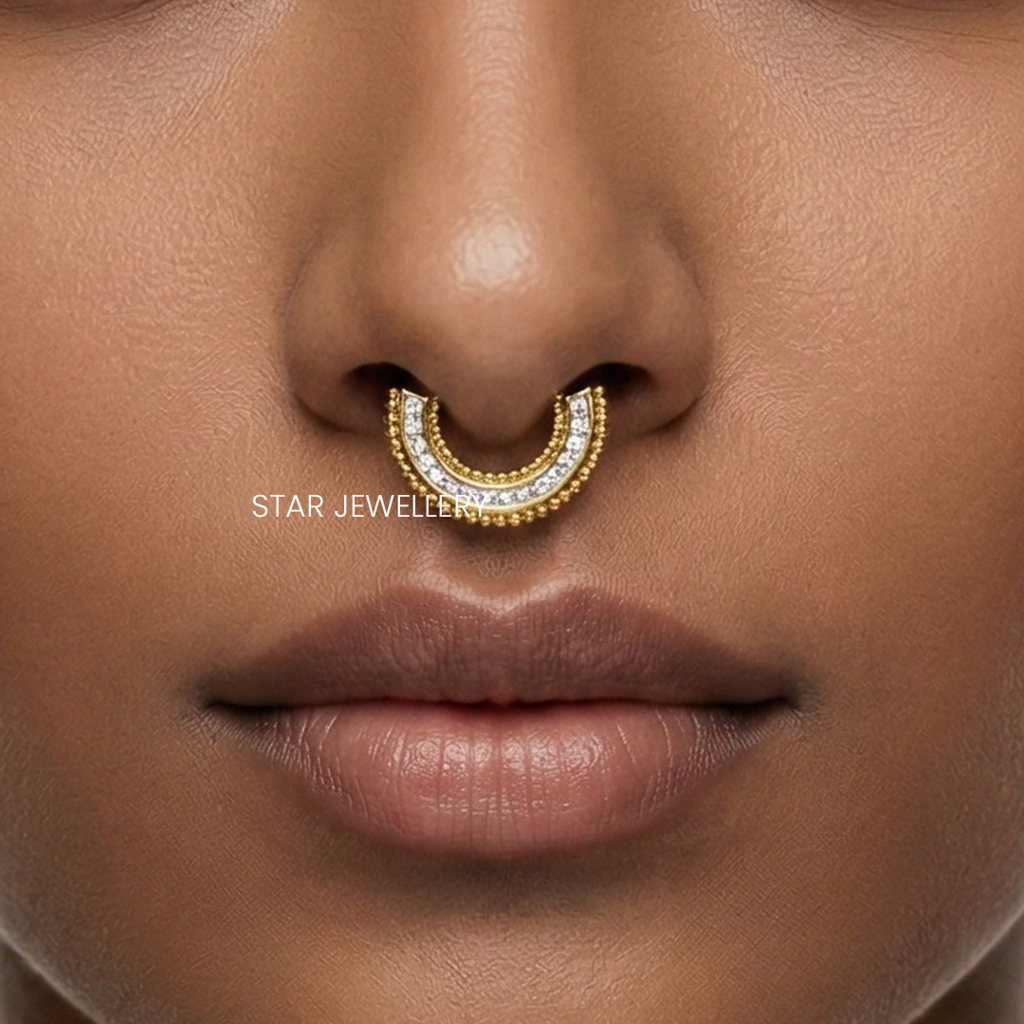 925 Sterling Silver Channel Set Moissanite Diamond Septum Nose Ring : STE167