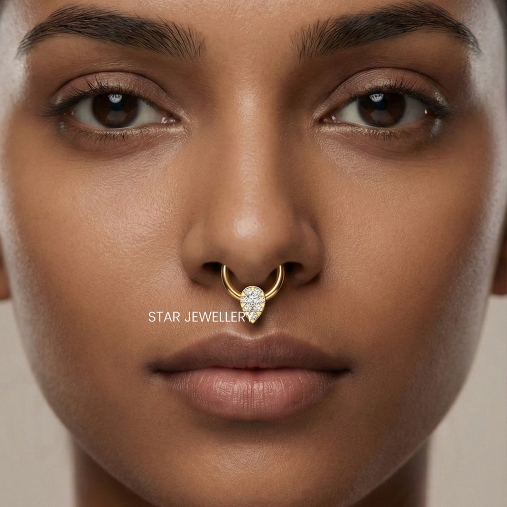 Septum Nose Ring In 925 Sterling Silver In  Moissanite Diamond Pear Shape  Piercing : STE168