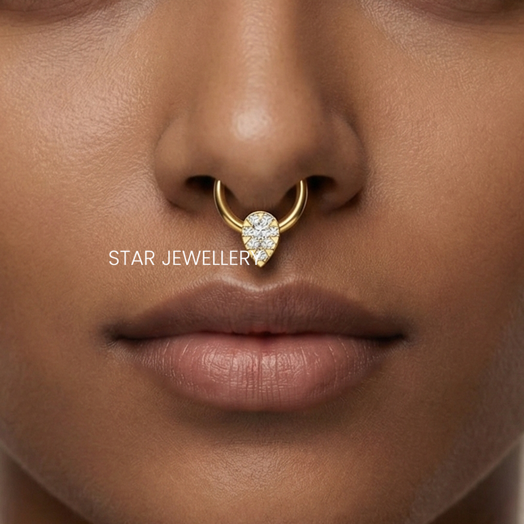Septum Nose Ring In 925 Sterling Silver In  Moissanite Diamond Pear Shape  Piercing : STE168