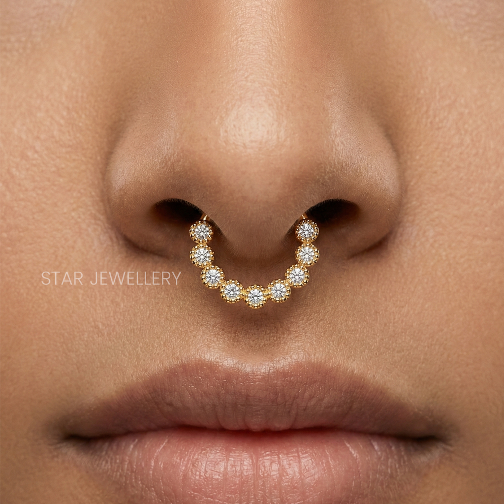 Septum Nose Ring In 925 Sterling Silver Bezel Set Miligrain Moissanite Diamond Daith Piercing : STE27