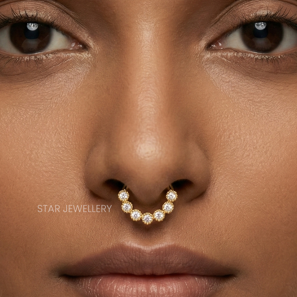 Septum Nose Ring In 925 Sterling Silver Bezel Set Miligrain Moissanite Diamond Daith Piercing : STE27