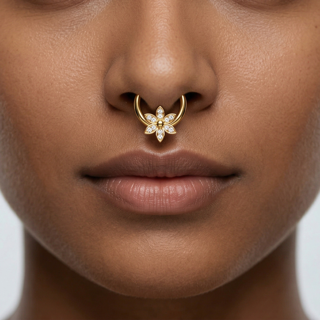 Moissanite Diamond Floral Daith Piercing Septum Nose Ring In 925 Steling Silver : STE28