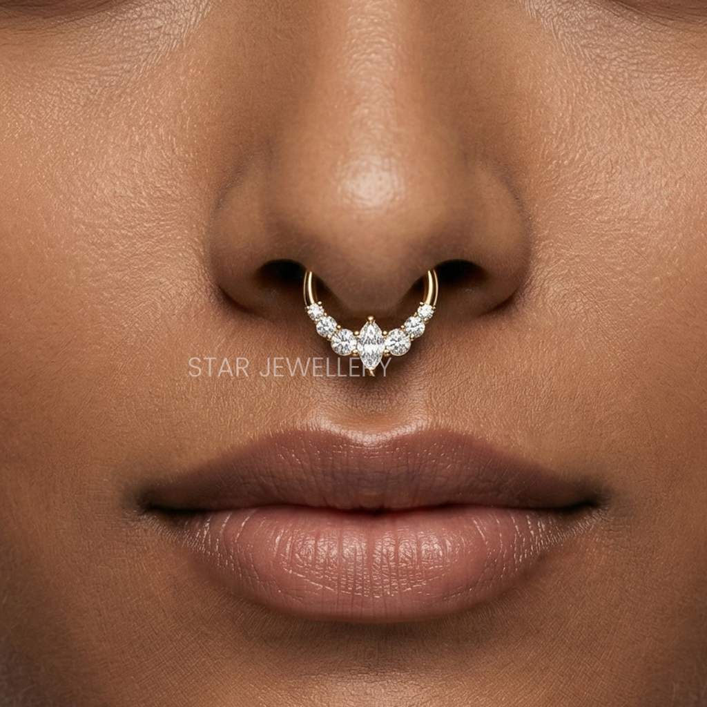 Marquise & Round Moissanite Diamond Septum Piercing Nose Ring In 925 Sterling Silver : STE31