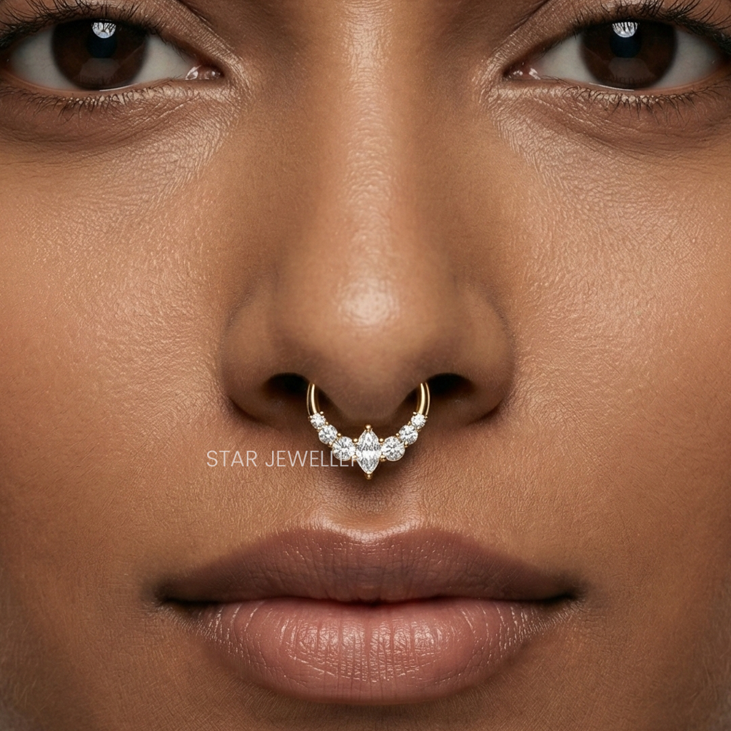 Marquise & Round Moissanite Diamond Septum Piercing Nose Ring In 925 Sterling Silver : STE31