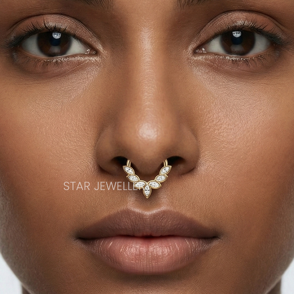 Marquise Leaf Spray Moissanite Septum Nose Ring In 925 Sterling Silver : STE35