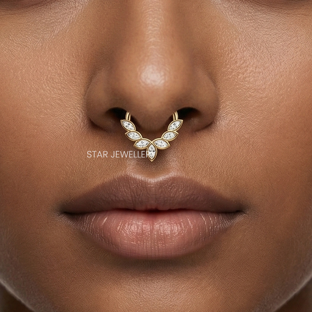 Marquise Leaf Spray Moissanite Septum Nose Ring In 925 Sterling Silver : STE35
