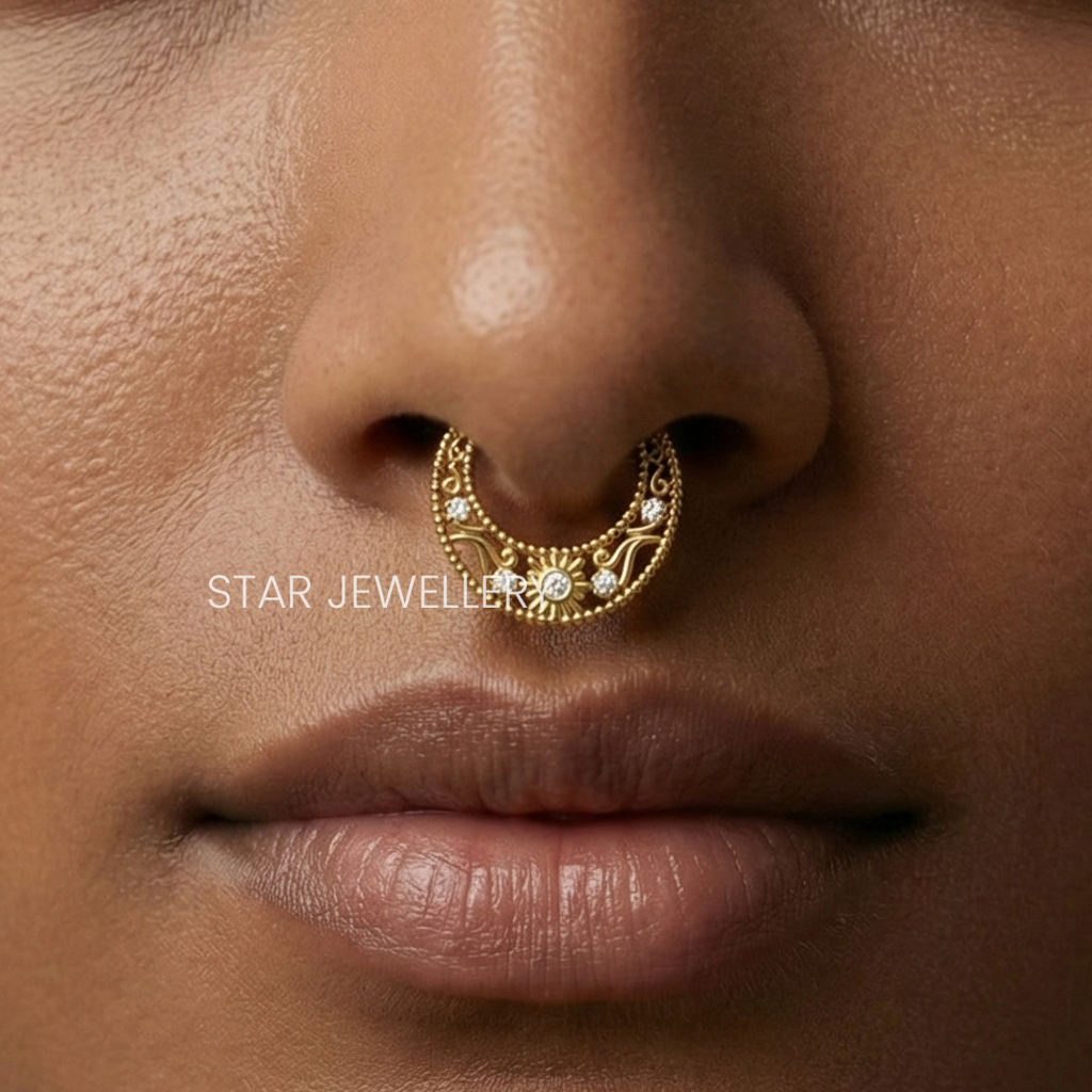 Septum Nose Ring In 925 Sterling Silver With Moissanite Diamond  Miligrain Daith Piercing : STE43