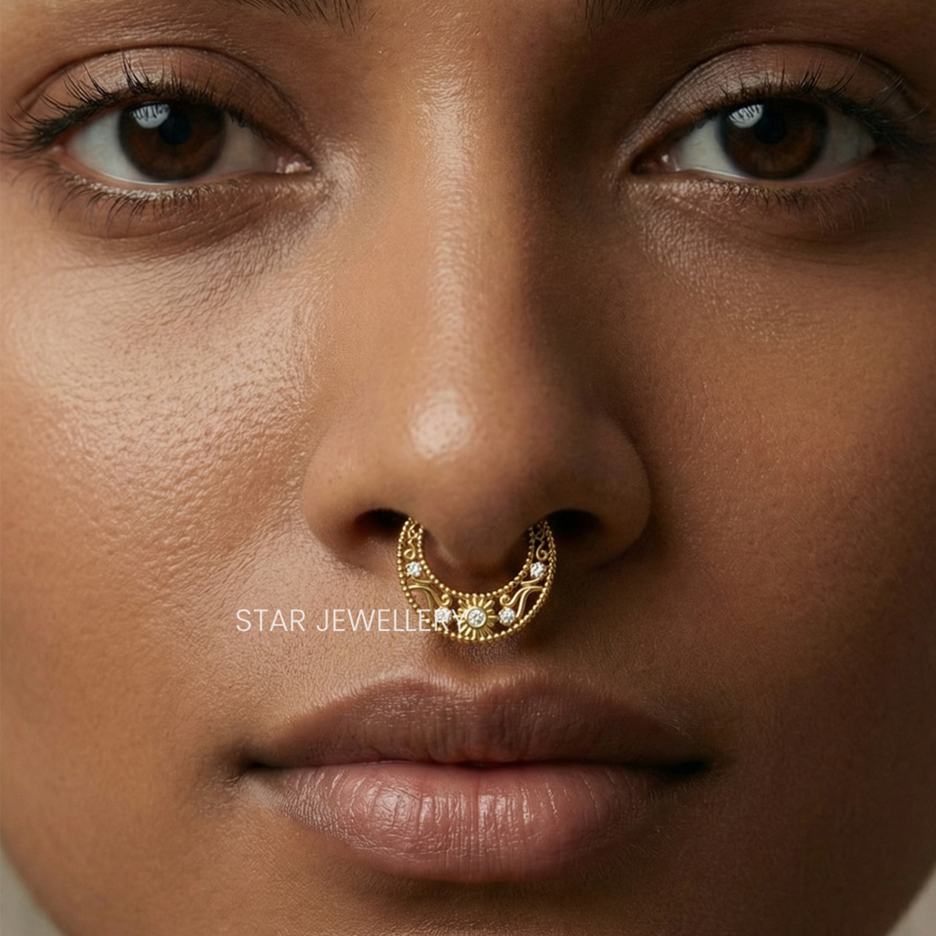 Septum Nose Ring In 925 Sterling Silver With Moissanite Diamond  Miligrain Daith Piercing : STE43