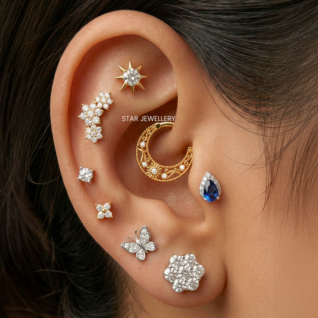 Septum Nose Ring In 925 Sterling Silver With Moissanite Diamond  Miligrain Daith Piercing : STE43