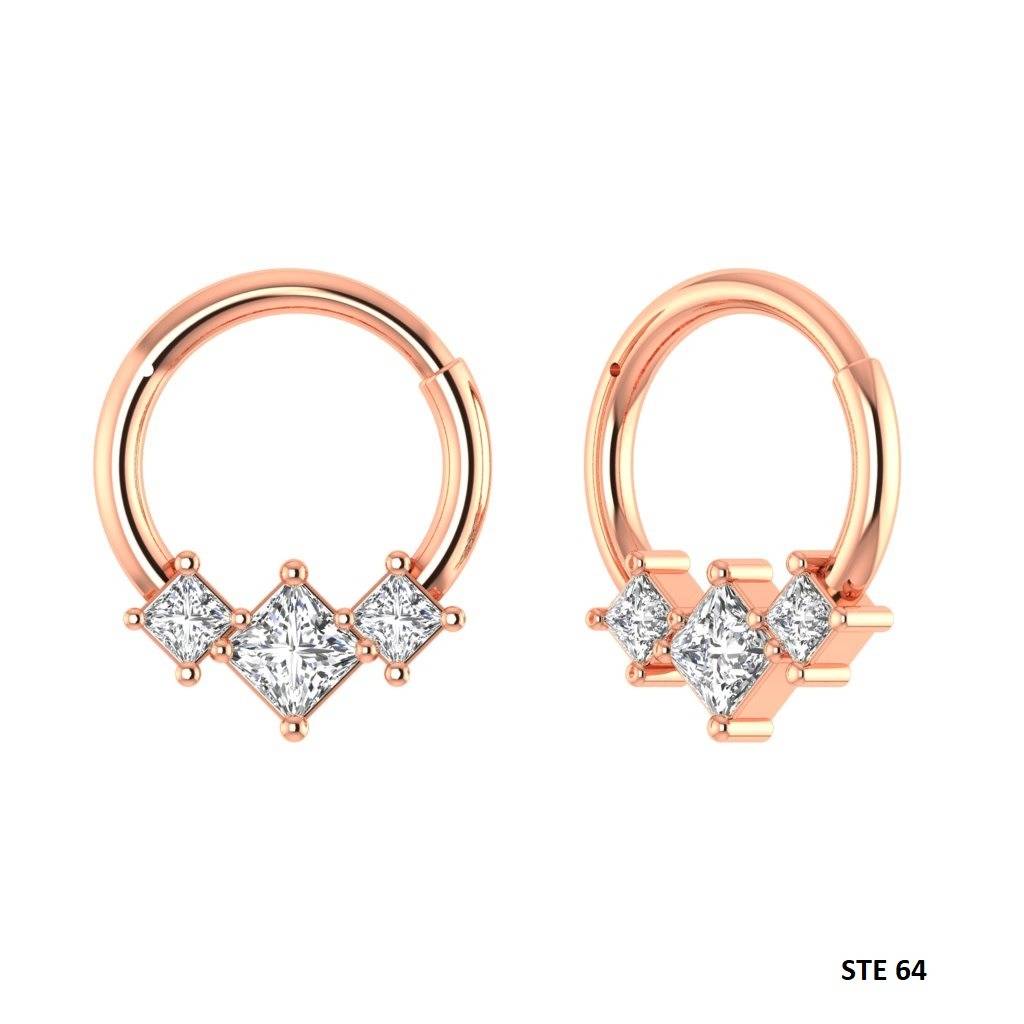 925 Sterling Silver With  Genuine Princess Cut  Moissanite Diamond Trio Stone Septum Clicker Nose Ring : STE64