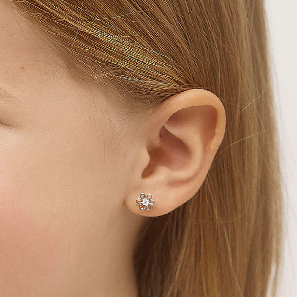 Blooming Spring Flower Earrings For Children With Cubic Zirconia And Sterling Silver : KS-WG-0006