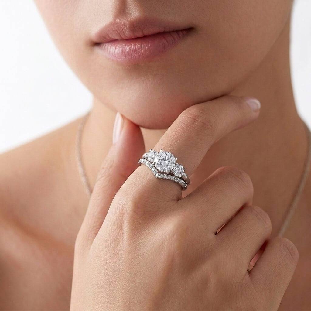 Three-Stone Solitaire & Chevron Pavé Ring Set (925 Silver) : SR007