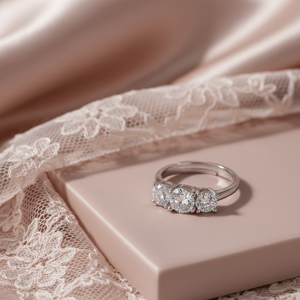 Three-Stone Solitaire & Chevron Pavé Ring Set (925 Silver) : SR007