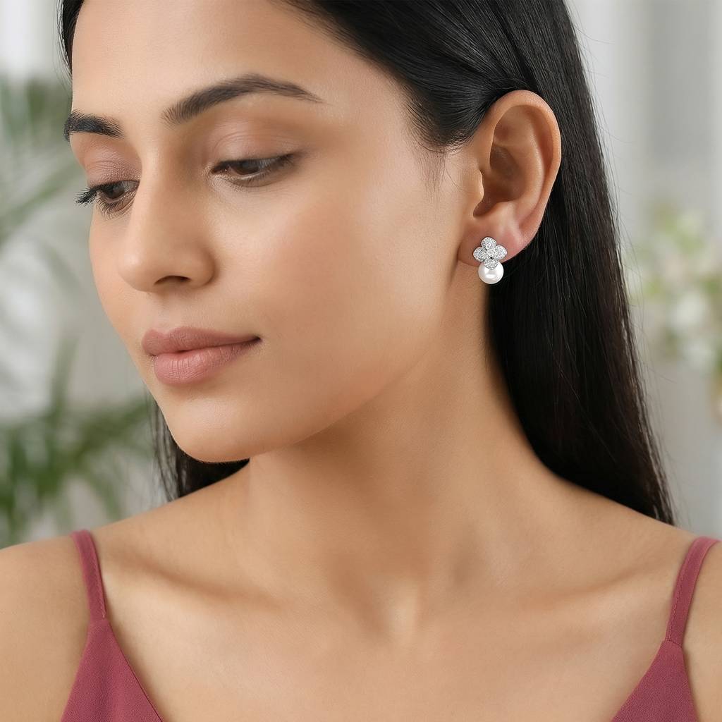 925 Silver Camellia Pearl Drop Earrings|Studs To Gift Women & Girls | With Certificate Of Authenticity And 925 Stam : TLER0120