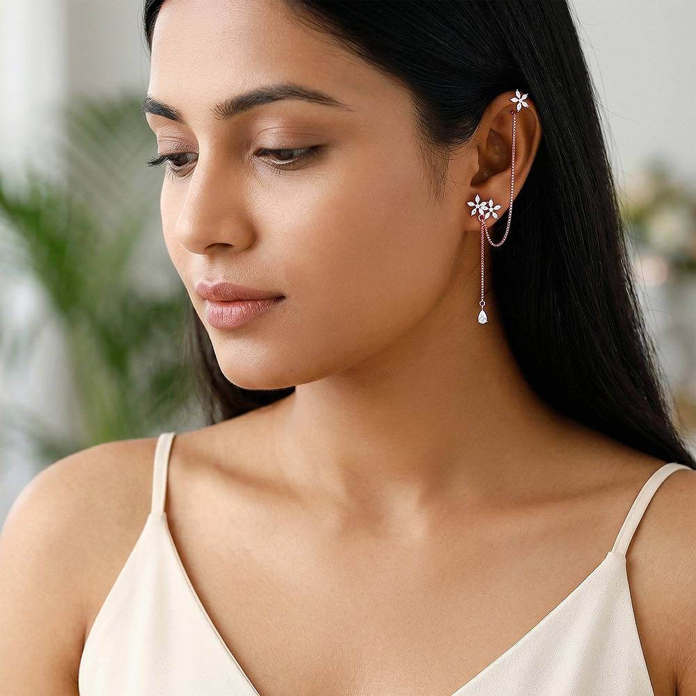 925 Silver Rose Gold Bloom Ear Cuff Threader|Drops To Gift Women & Girls | With Certificate Of Authenticity And 925  : TLER020