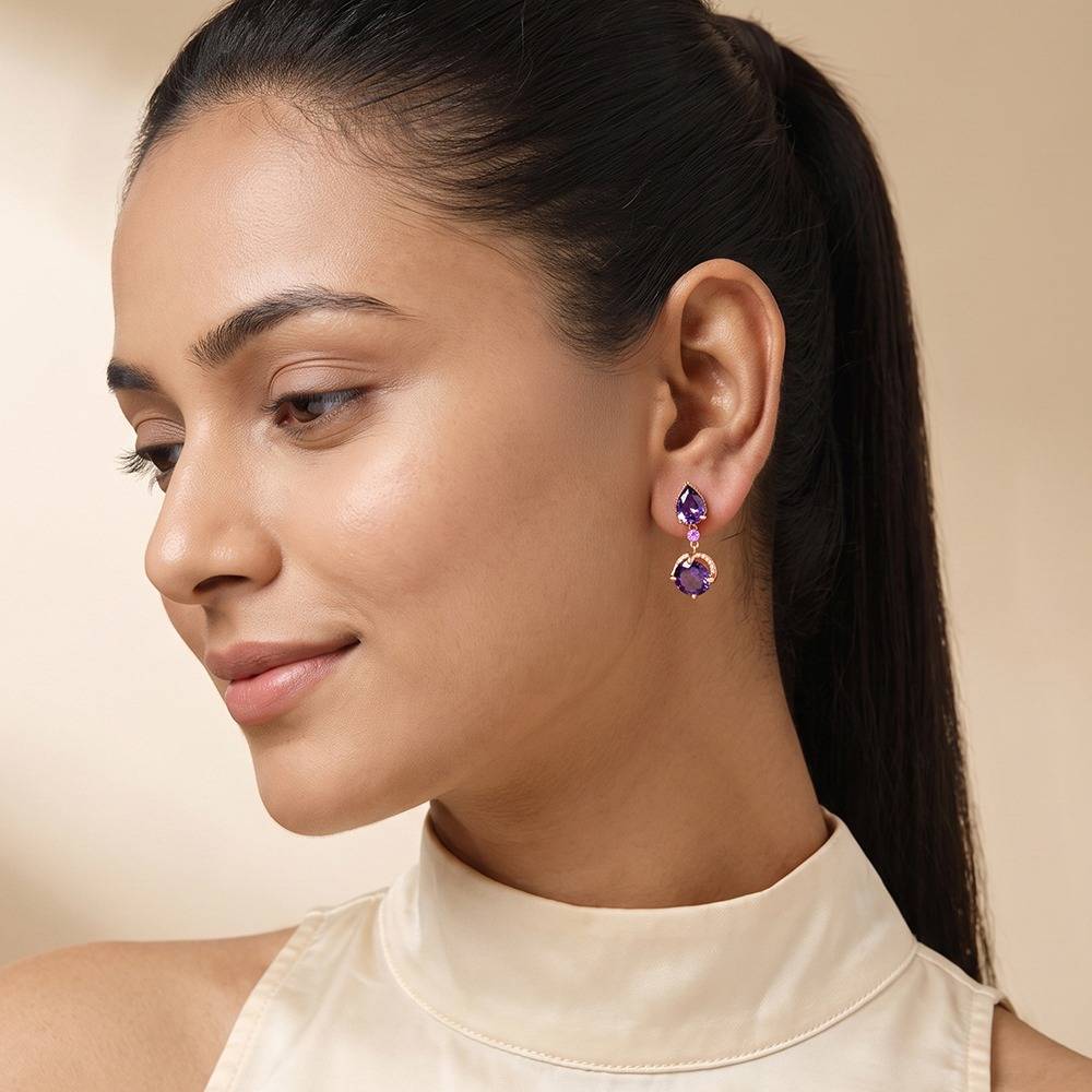 925 Silver Rose Gold Amethystos Drop Earrings|Dangler To Gift Women & Girls | With Certificate Of Authenticity And  : TLER0358