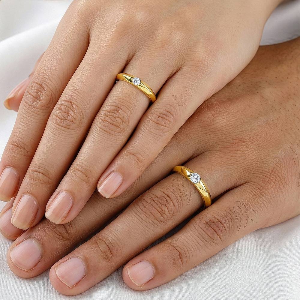 925 Silver Golden Groove Couple Rings, Fixed Size, Indian-19(M),Indian-12 (F)|Gifts For Couples| With Certificate Of  : TLR010