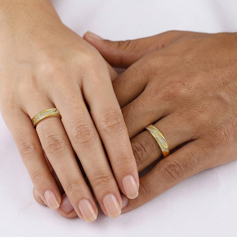 925 Silver Golden Harmony Couple Rings, Fixed Size, Indian-19(M),Indian-12 (F)|Gifts For Couples| With Certificate Of : TLR013