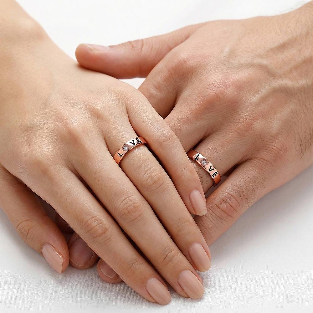 925 Silver Rose Gold Love Letter Couple Rings,Fixed Size, Indian-20(M),Indian-12(F)|Gifts For Couples : TLR014