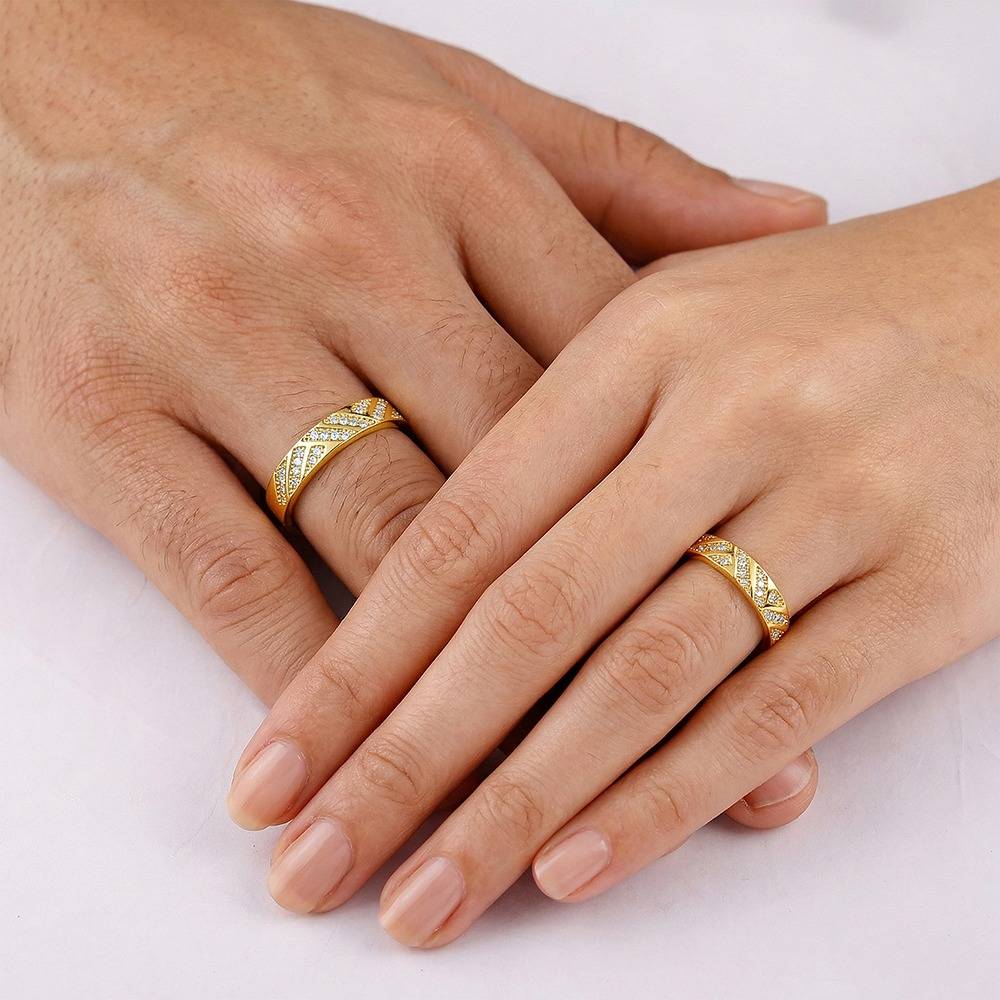 925 Silver Golden Aztec Shine Couple Rings, Fixed Size, Indian-19(M),Indian-12 (F)|Gifts For Couples| With Certificat : TLR015