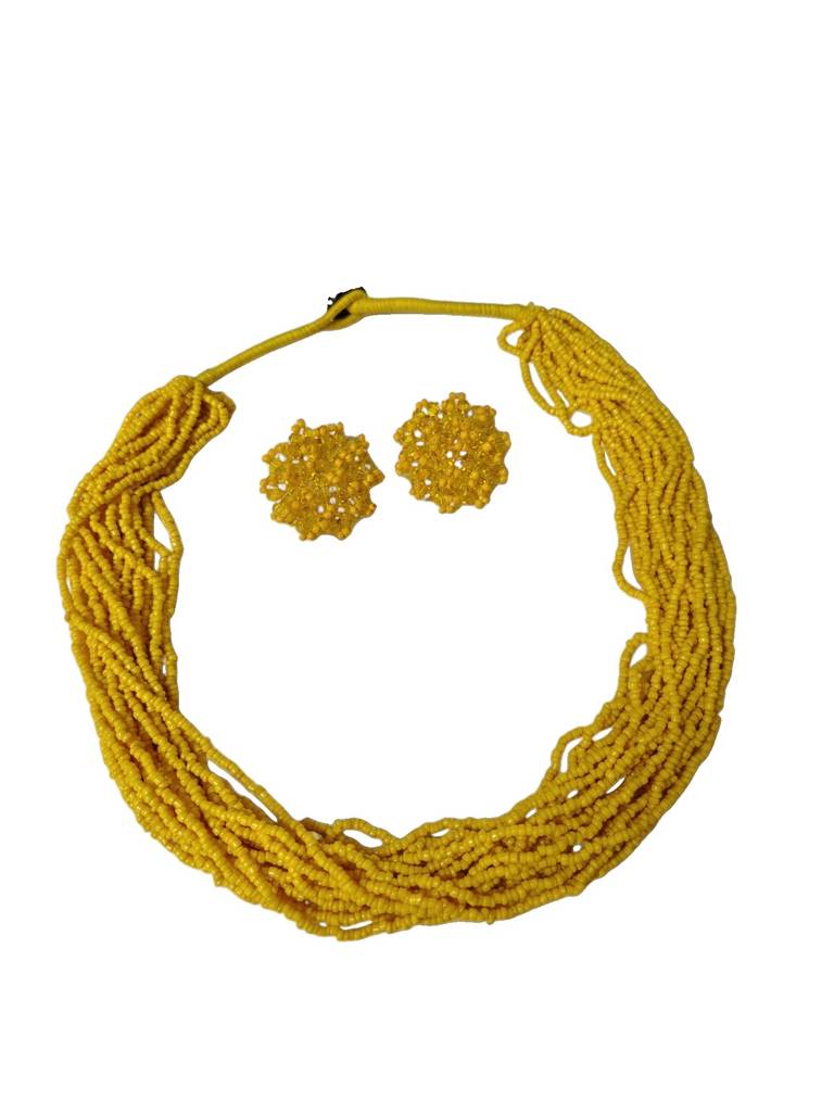 Everyday-To-Occasion Multilayer Beaded Necklace With Matching Earrings : BDE-YLW-20LS-NWE-002