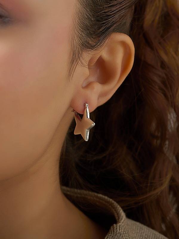 Minimalist 3D Star-Shaped Hoop Earrings : SLHP105582SL