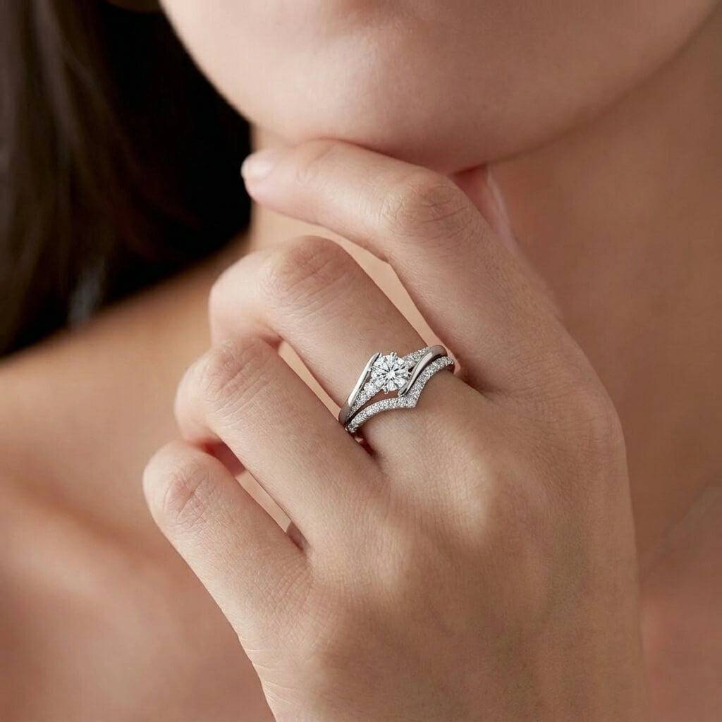 Twisted Solitaire & Chevron Pavé Stacking Set (925 Silver) : SR010