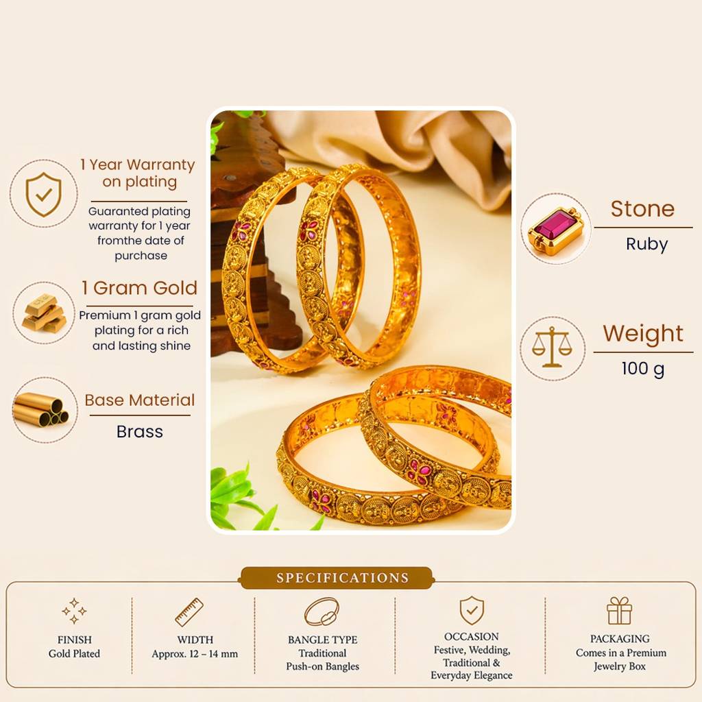 Antique Lakshmi Ruby Temple Paired Bangle Set | 1 Gram Gold-Plated : B-6