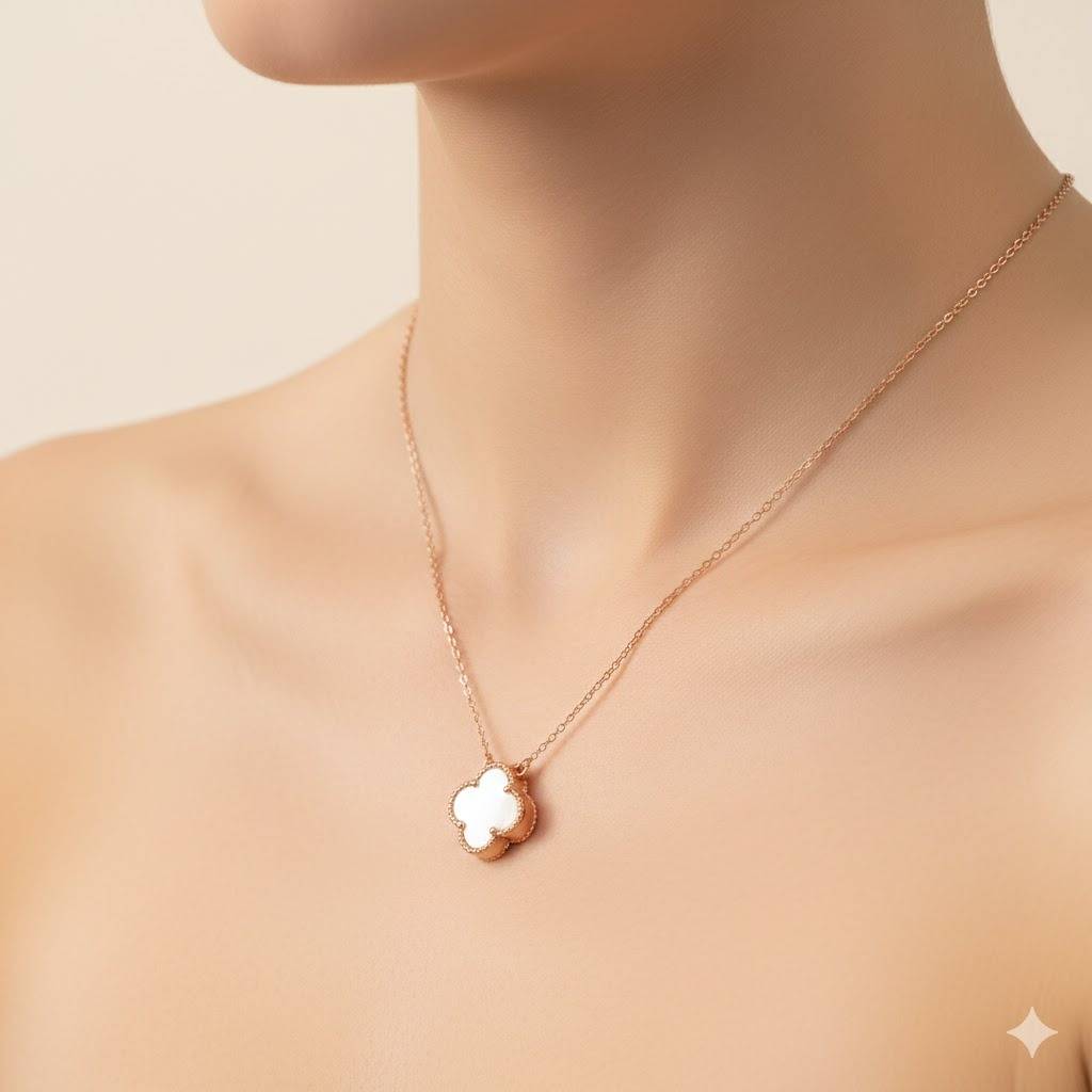 Rose Gold Clover Necklace | Reversible Black & White Mother Of Pearl Pendant | 925 Silver Good Luck Jewelry : ZIRAK-Pendant-111